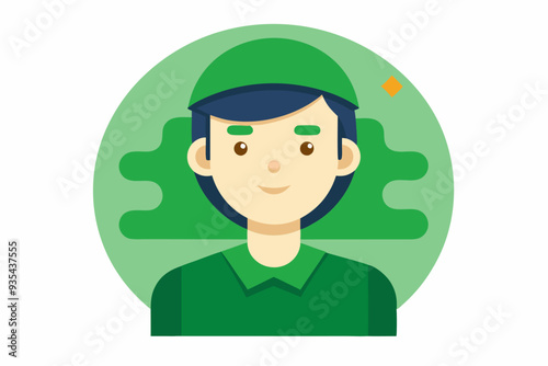 Smiling Cartoon Man with Green Hat and Shirt