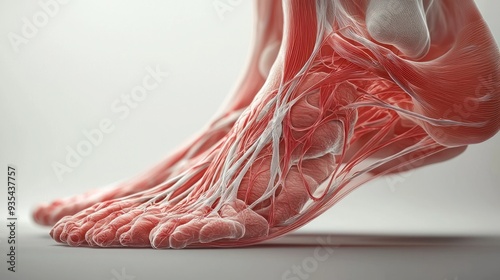 Detailed 3D Rendering of Human Achilles Tendon and Muscle Tissue 
An artistic rendering of a human foot with muscles and tendons highlighted in red photo