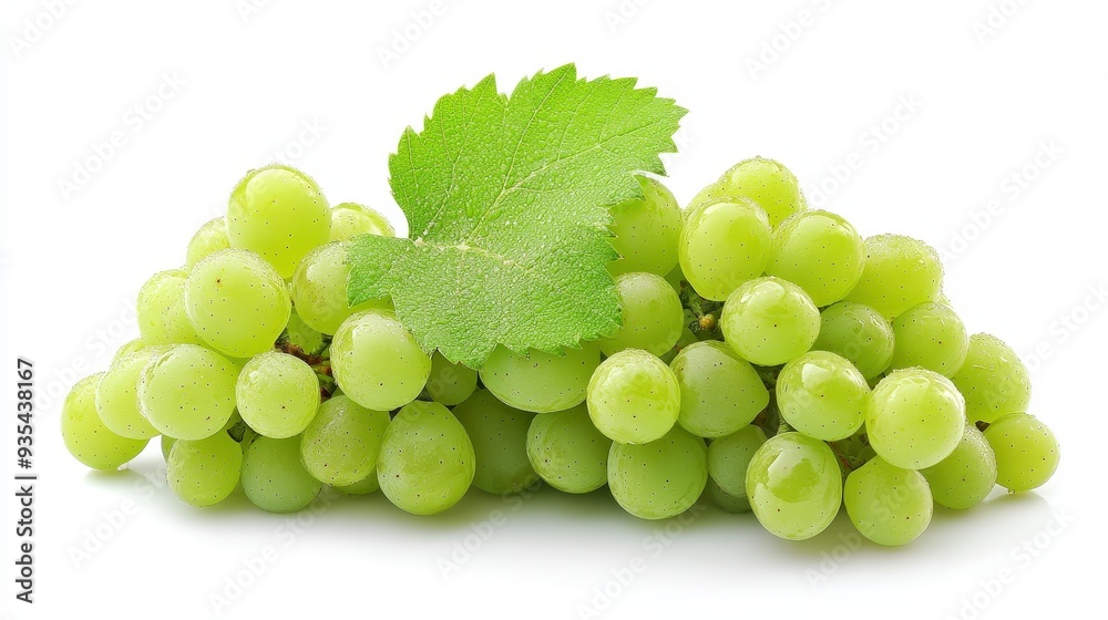 A bunch of green grapes with a green leaf on a white background.