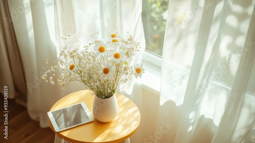 Daisy Bouquet in a White Vase on a Yellow Table photo