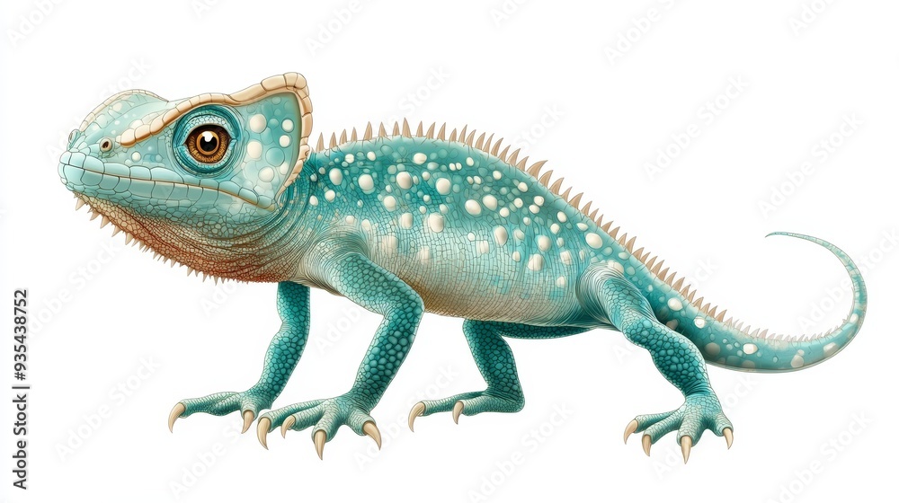 Fototapeta premium Blue Chameleon Lizard Reptile with Spikes and White Spots on White Background