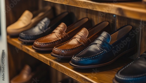 Stylish Leather Loafers Displayed on Wooden Shelves.