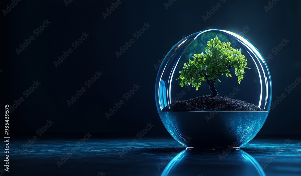 In a glass dome, a growing green plant is abstractly represented In a glass dome, a growing green plant is abstractly represented