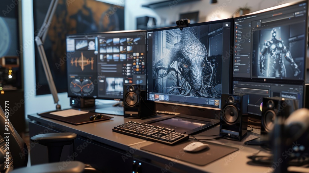 A digital artist workstation, with multiple screens displaying various stages of AI-generated artwork A digital artist workstation, with multiple screens displaying various stages of AI-generated artwork