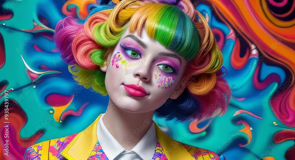 Fototapeta premium Colorful Woman With Rainbow Hair And Makeup