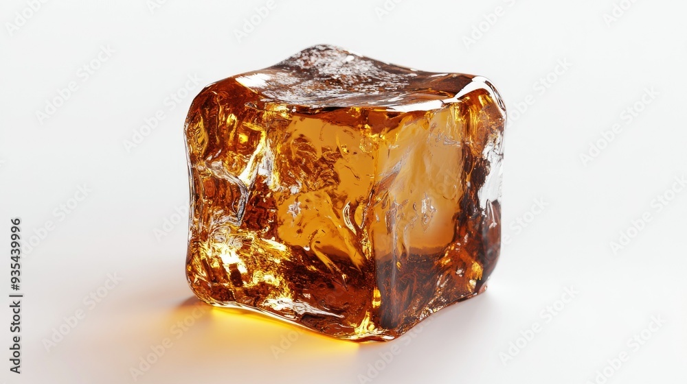 Artistic 3D render of a melting ice cube with detailed textures and melting edges, isolated on a white background to emphasize its gradual transformation.