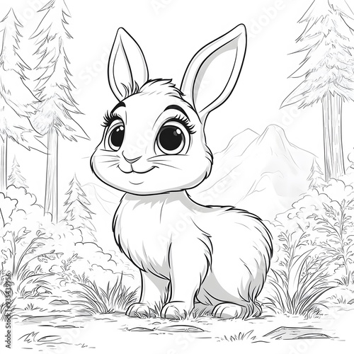 Cute Black and White Rabbit with Simple Forest and Sunny Day Background. photo