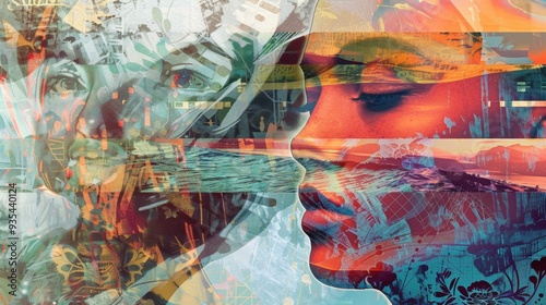 A digital collage of AI-generated images, combining abstract patterns, faces, and landscapes into one artwork