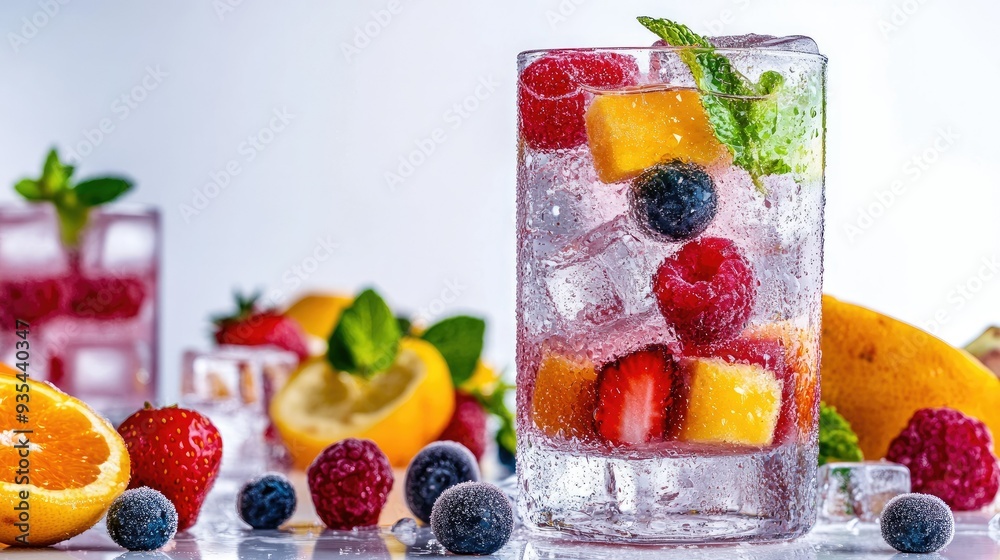 Artistic close-up of ice cubes stacked with a glass of smoothie and colorful fresh fruit, against a white background, capturing a refreshing and vibrant scene. Artistic close-up of ice cubes stacked with a glass of smoothie and colorful fresh fruit, against a white background, capturing a refreshing and vibrant scene.