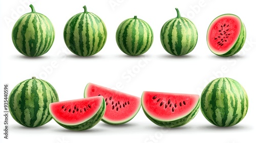 Whole and Sliced Watermelons Isolated on White Background