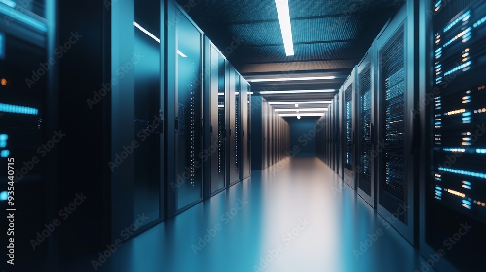 Using cloud computing, big data storage, and internet telecommunications for modern business concept: blue light server room interior of a data center Using cloud computing, big data storage, and internet telecommunications for modern business concept: blue light server room interior of a data center