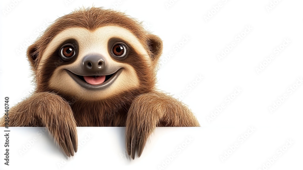 Fototapeta premium Cute Sloth Peeking Over White Background Adorable Animal Funny Wildlife
