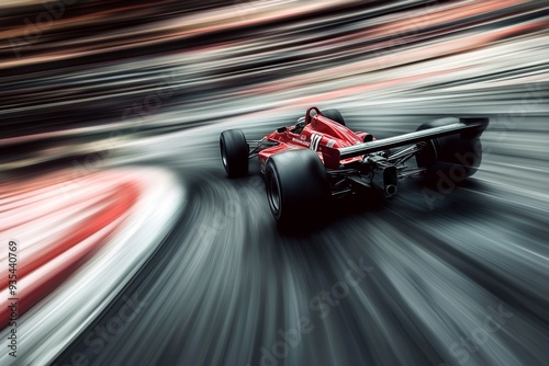 A race car zooming down a track, frozen in time with the background stretching out in a motion blur. 