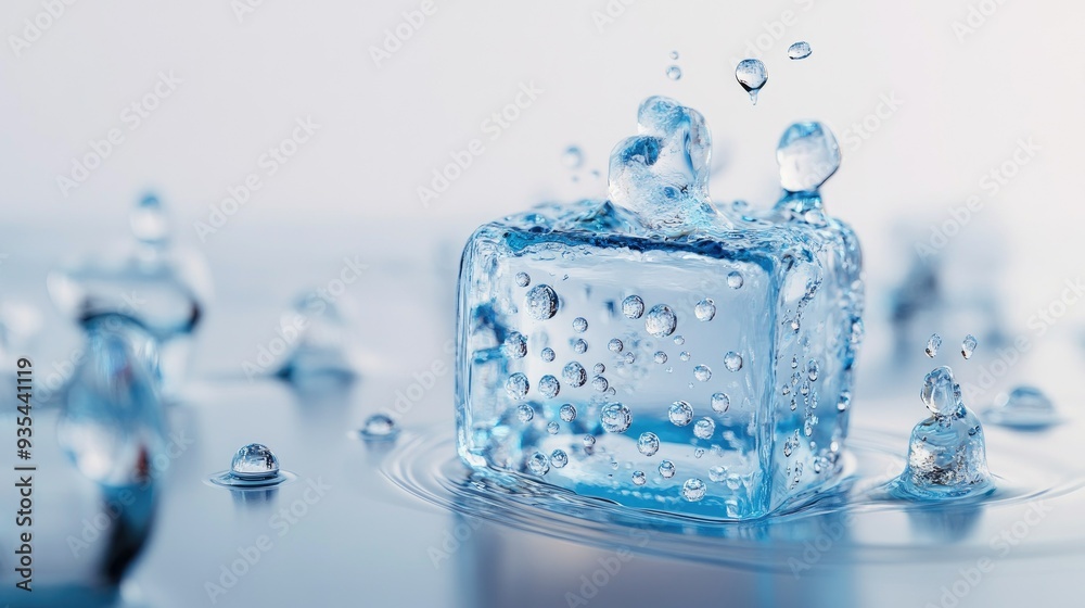 Close-up 3D image of a melting ice cube with droplets forming on a white background, capturing the gradual transformation and transparency. Close-up 3D image of a melting ice cube with droplets forming on a white background, capturing the gradual transformation and transparency.
