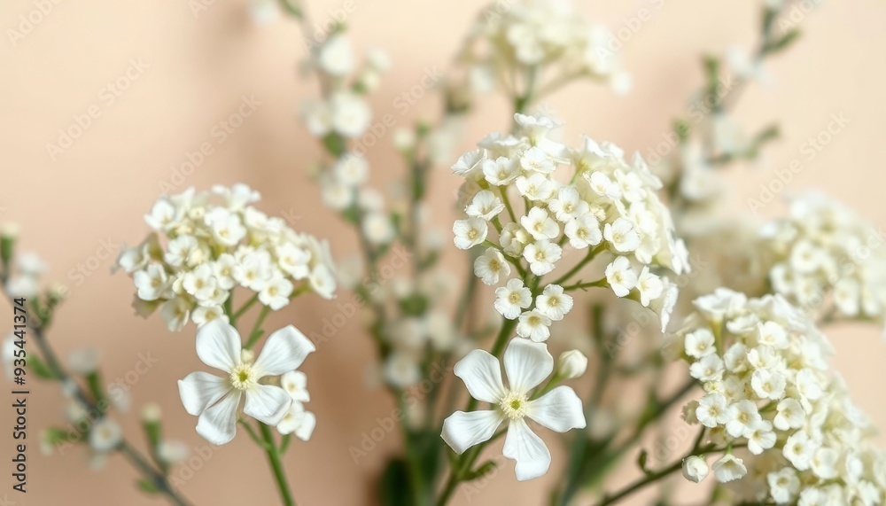 White gypsophila flowers or baby's breath flowers close up on beige background selective focus banner. Copy space. Flowers background, ai White gypsophila flowers or baby's breath flowers close up on beige background selective focus banner. Copy space. Flowers background, ai