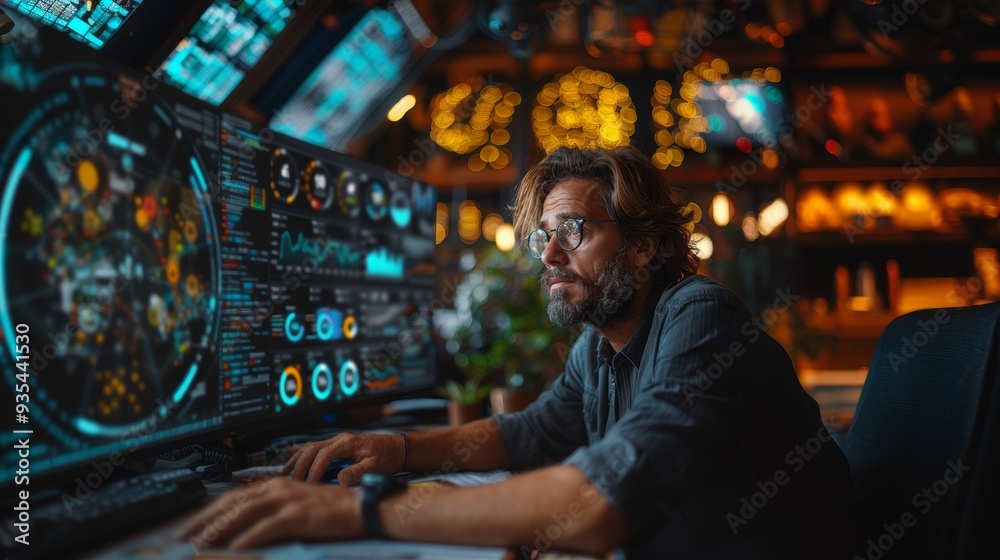 Focused businessman analyzing data on multiple screens in modern office Focused businessman analyzing data on multiple screens in modern office
