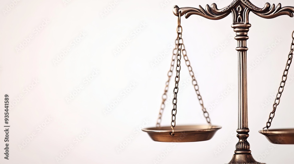 Close-up of classic justice scales on a white background, designed for a law office setting, with a focus on the elegant, balanced design. Close-up of classic justice scales on a white background, designed for a law office setting, with a focus on the elegant, balanced design.