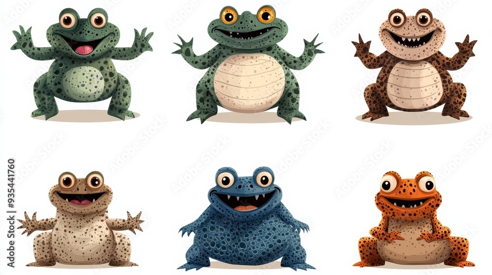 Fototapeta premium Cute Cartoon Frogs Set Green Brown Blue and Orange