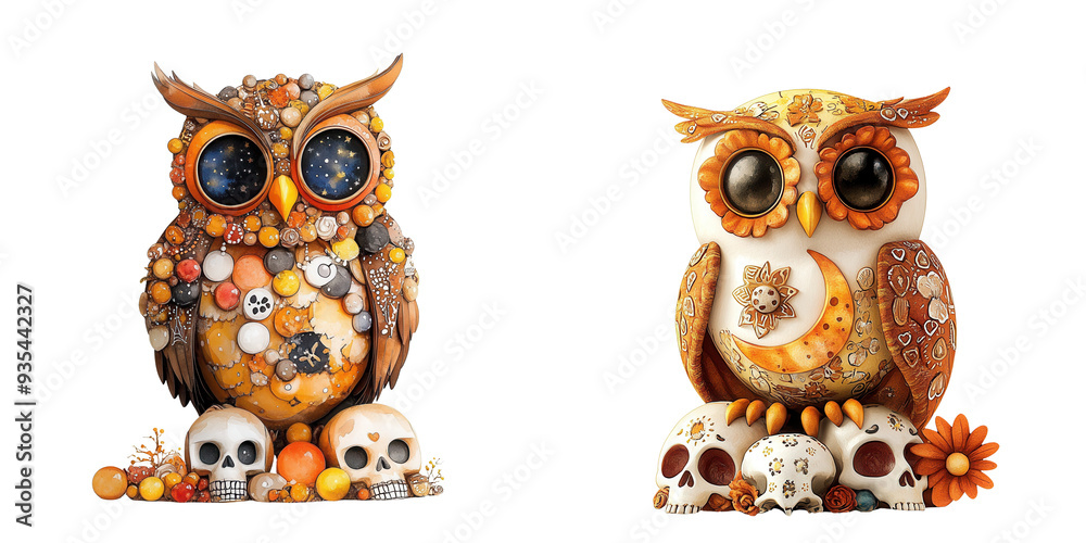Fototapeta premium Colorful and whimsical owls adorned with decorative elements, perfect for autumn-themed designs and owl lovers.
