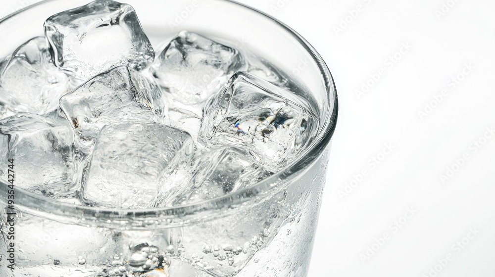 Detailed shot of clear ice cubes in a glass filled with water, isolated on a white backdrop, emphasizing the clean, refreshing look. Detailed shot of clear ice cubes in a glass filled with water, isolated on a white backdrop, emphasizing the clean, refreshing look.