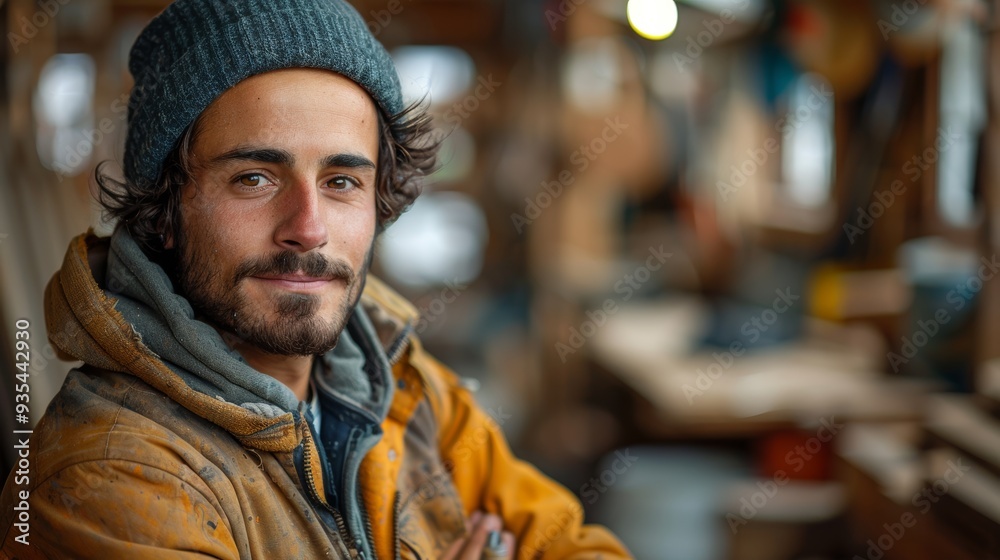Portrait of young male carpenter in workshop with confident expression Portrait of young male carpenter in workshop with confident expression