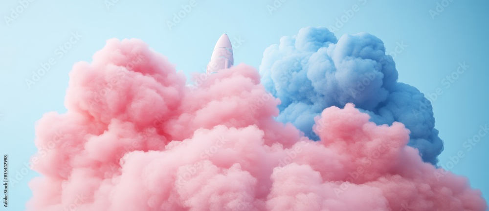 A rocket launches over clouds from earth. A rocket launches over clouds from earth.