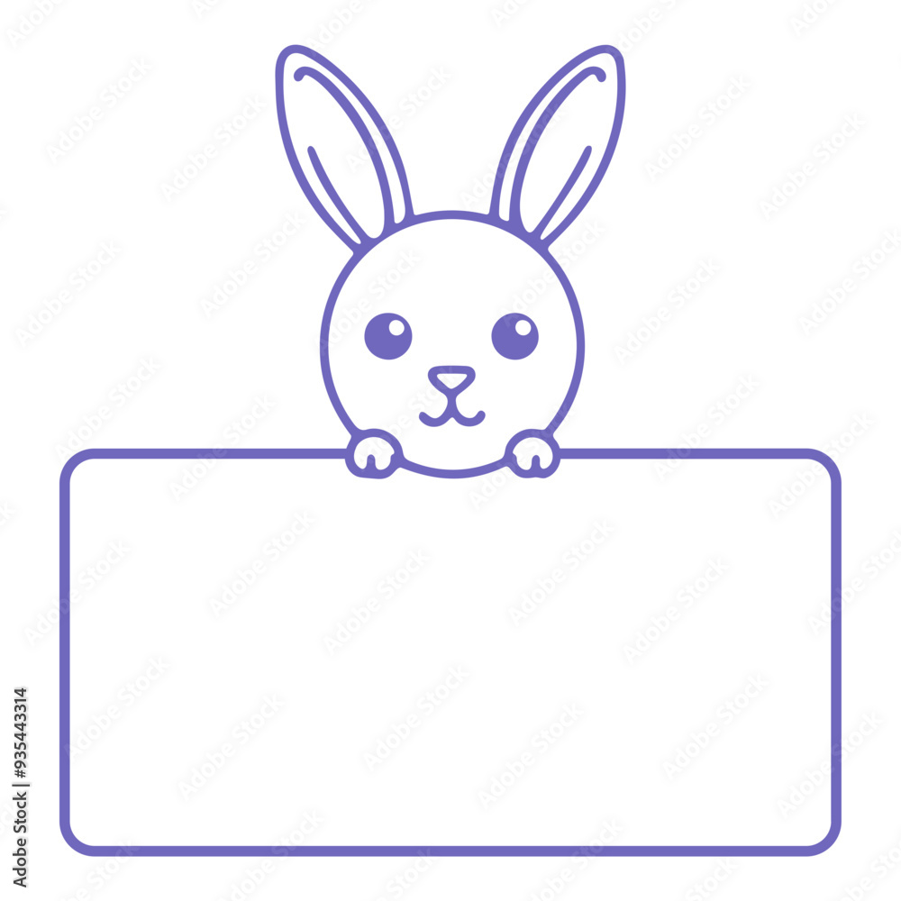 A cute white rabbit peeking out from behind a blank white sign or frame A cute white rabbit peeking out from behind a blank white sign or frame