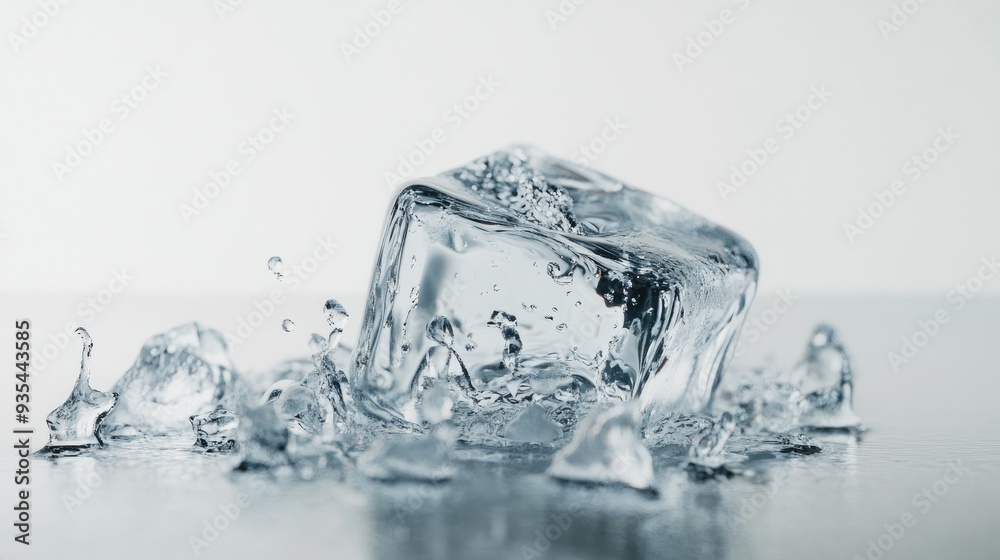 Elegant 3D close-up of a partially melted ice cube, with water droplets and ice fragments against a stark white backdrop for a crisp effect. Elegant 3D close-up of a partially melted ice cube, with water droplets and ice fragments against a stark white backdrop for a crisp effect.