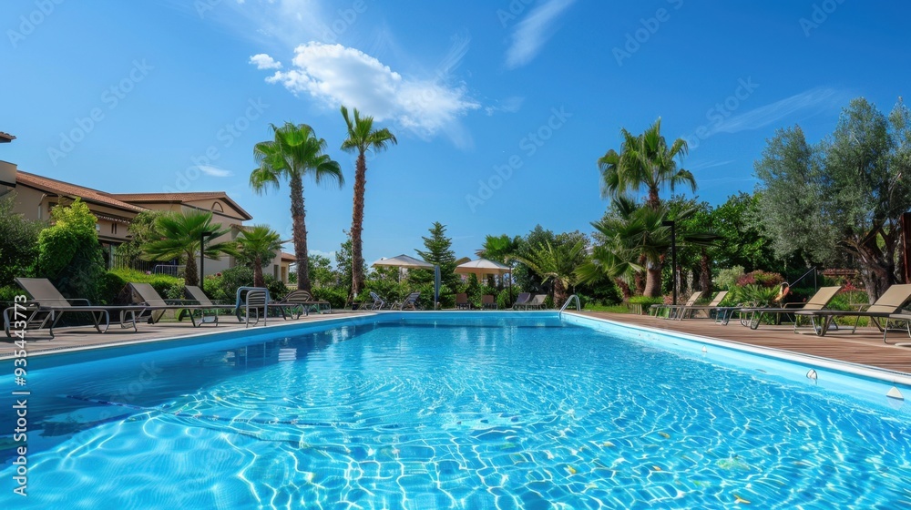 A sparkling swimming pool with clear blue water, surrounded by sun loungers and palm trees A sparkling swimming pool with clear blue water, surrounded by sun loungers and palm trees