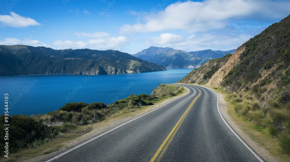 A winding road with double yellow lines leads towards a blue lake and mountains in the distance, under a bright blue sky with white clouds. A winding road with double yellow lines leads towards a blue lake and mountains in the distance, under a bright blue sky with white clouds.