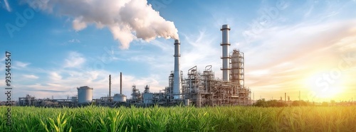 An industrial plant emitting smoke into the sky, surrounded by a green field, with the sun rising in the background.
