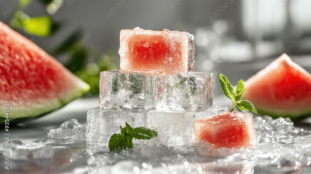 Minimalist close-up of stacked ice cubes with fresh watermelon slices on top, displayed on a white surface for a crisp and summery look. Minimalist close-up of stacked ice cubes with fresh watermelon slices on top, displayed on a white surface for a crisp and summery look.