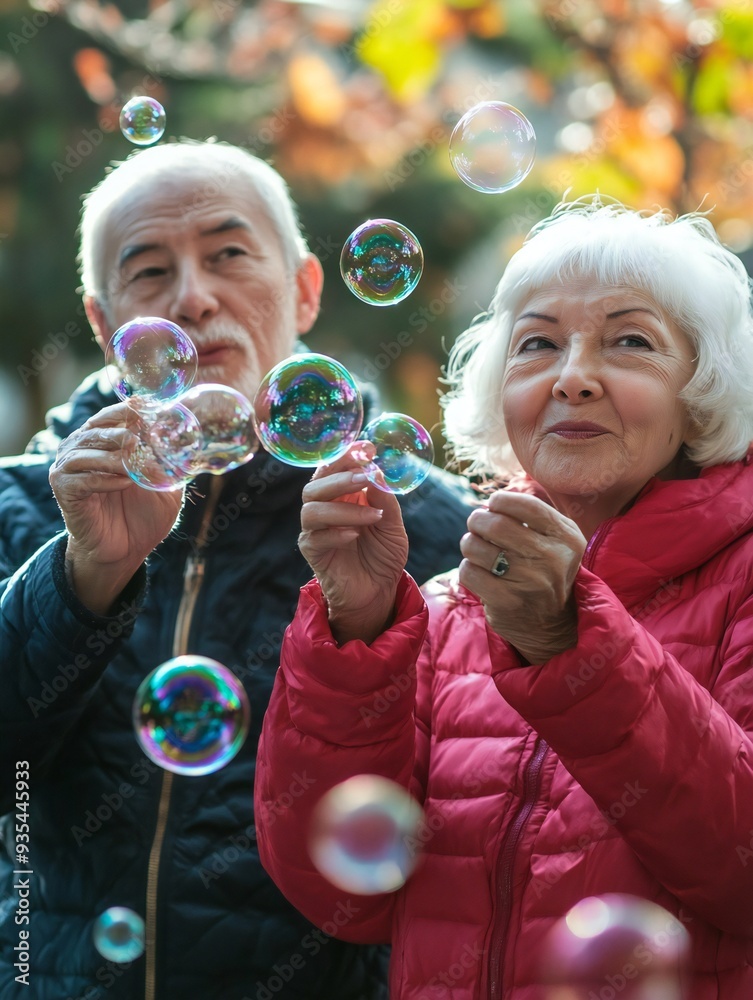 Senior couple blowing soap bubbles in park on a sunny day, health and fitness, joyful moment. Senior couple blowing soap bubbles in park on a sunny day, health and fitness, joyful moment.