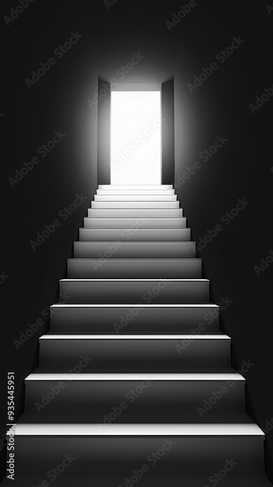Fototapeta premium Stairs ascend toward an open doorway flooded with bright light, contrasting sharply with the surrounding darkness, evoking feelings of hope and possibility