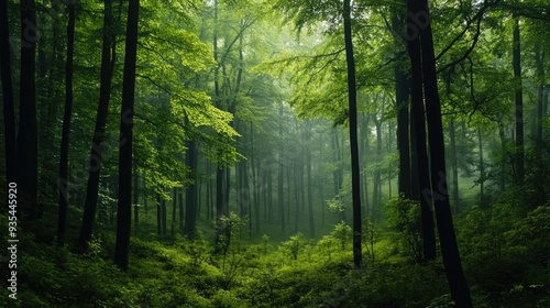 Minimalist forest view with clean, abstract trees and subtle green foliage, capturing a peaceful and uncluttered natural setting.