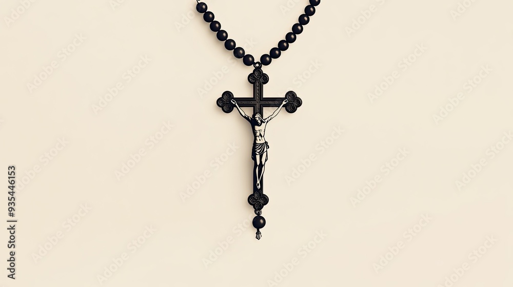 Minimalistic graphic of a rosary with rounded beads and a detailed crucifix, arranged in a simple, elegant design on a plain background. Minimalistic graphic of a rosary with rounded beads and a detailed crucifix, arranged in a simple, elegant design on a plain background.