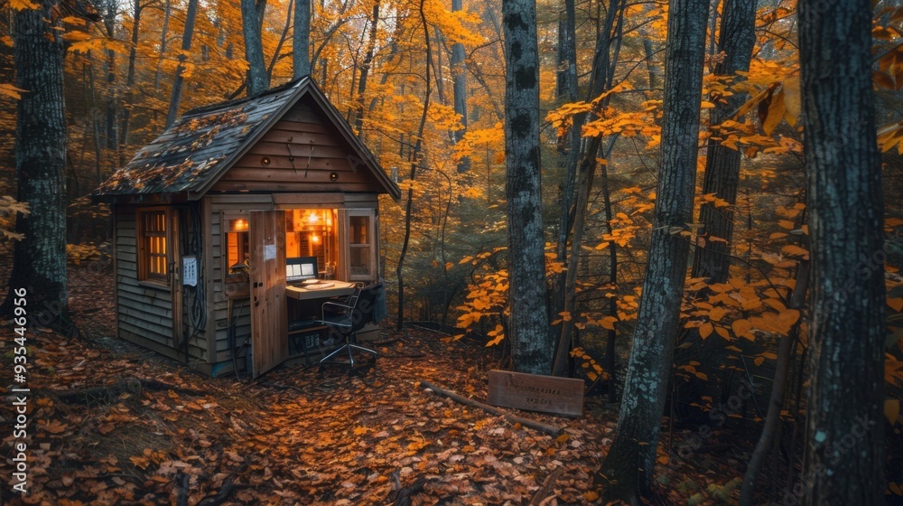 Digital nomad working from a cozy cabin in the woods, surrounded by autumn colors and peaceful silence Digital nomad working from a cozy cabin in the woods, surrounded by autumn colors and peaceful silence