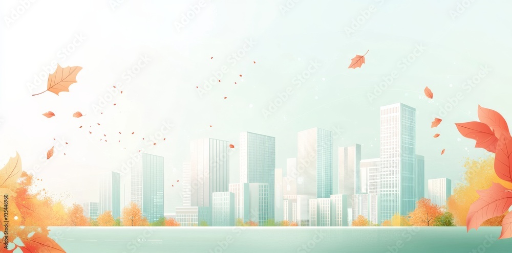 Fototapeta premium Abstract smart city background with buildings, technology, and nature elements.