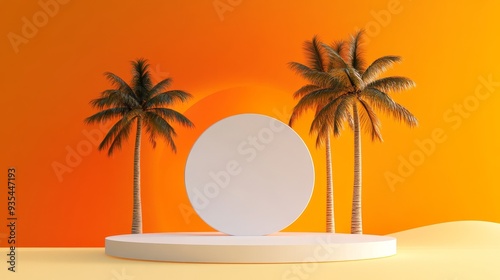 In this rendering, a podium pedestal product display is positioned against a tropical sunset beach backdrop.