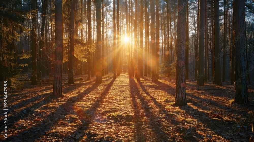 Fototapeta premium Golden hour over a forest, with the sun filtering through the trees and casting long shadows on the ground