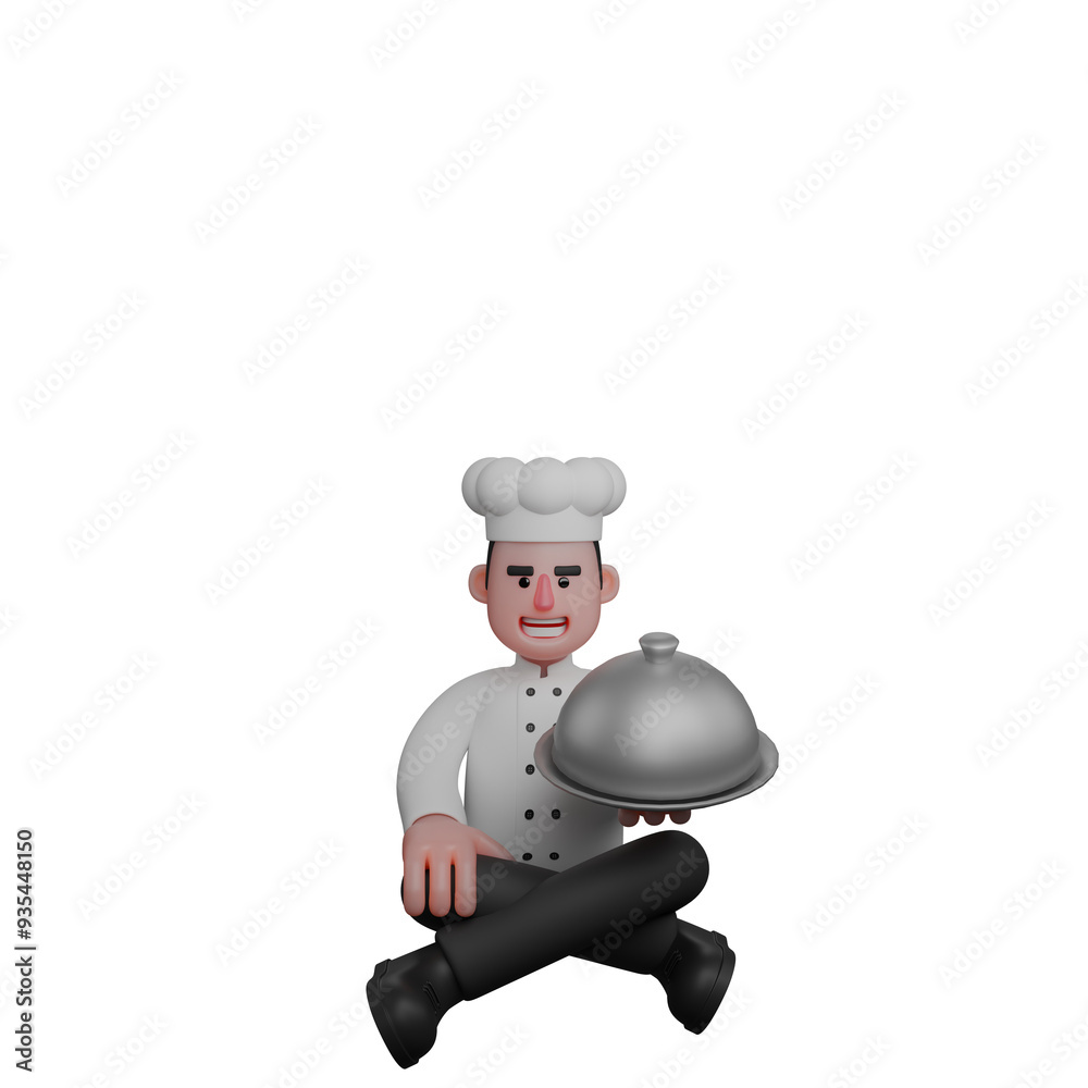 3D Professional Chef Character. A chef is sitting cross-legged on the floor while holding a silver tray with a food cover. Male Cook 3D Professional Chef Character. A chef is sitting cross-legged on the floor while holding a silver tray with a food cover. Male Cook