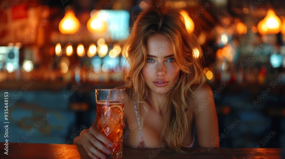 Woman contemplating a drink against a warm, illuminated bar backdrop