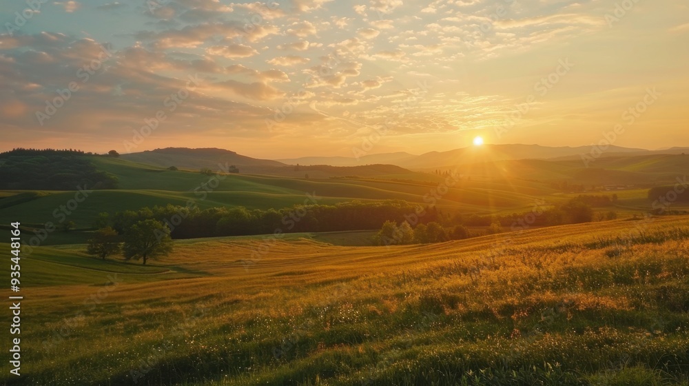 Obraz premium Golden hour over a serene countryside, with the sun setting behind rolling hills and the sky glowing with warm colors