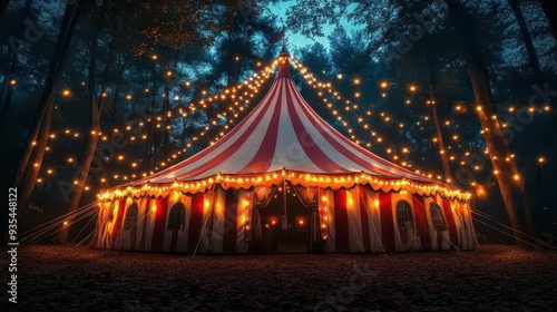 magical circus tent aglow with twinkling lights against a starry night sky vibrant red and white stripes contrast with the dark surroundings creating an atmosphere of wonder and excitement