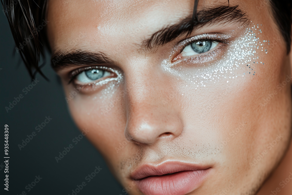 Fototapeta premium Close-Up of Man with Subtle Silver Glitter Makeup and Intense Blue Eyes