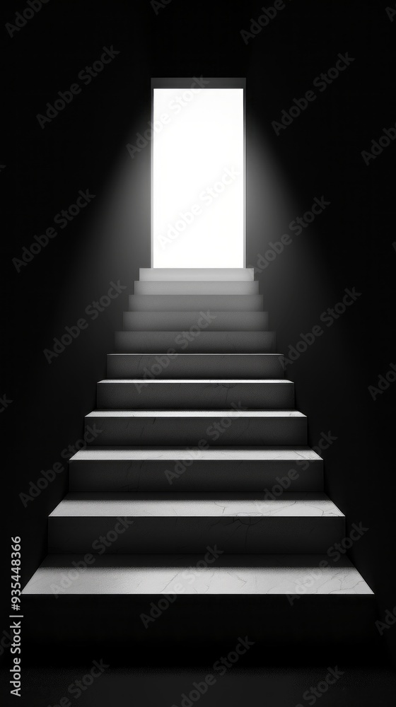 A set of stairs leads upward to a bright light, illuminating the dark corridor. This setting evokes feelings of hope, journey, and transformation A set of stairs leads upward to a bright light, illuminating the dark corridor. This setting evokes feelings of hope, journey, and transformation