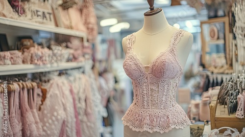 A soft pink lingerie set is elegantly displayed on a mannequin inside a stylish boutique. The display showcases the delicate design and high-fashion appeal of the lingerie in a chic shopping environme photo