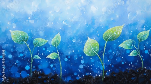 Stock photo with a blurry blue background and a growing plant.