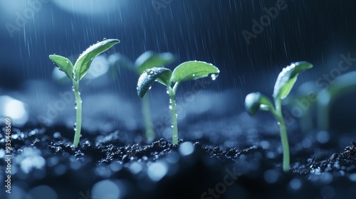 A blurry blue background with animated plants growing.