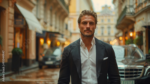 Confident businessman in a suit walking through a stylish urban street